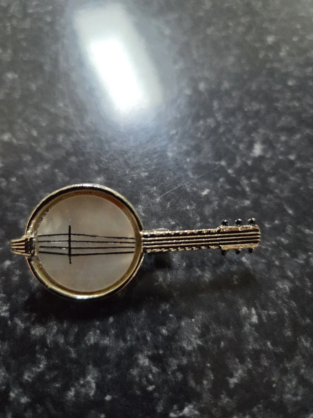 Vintage Banjo Brooch Gold Tone Mother of Pearl Music Pin